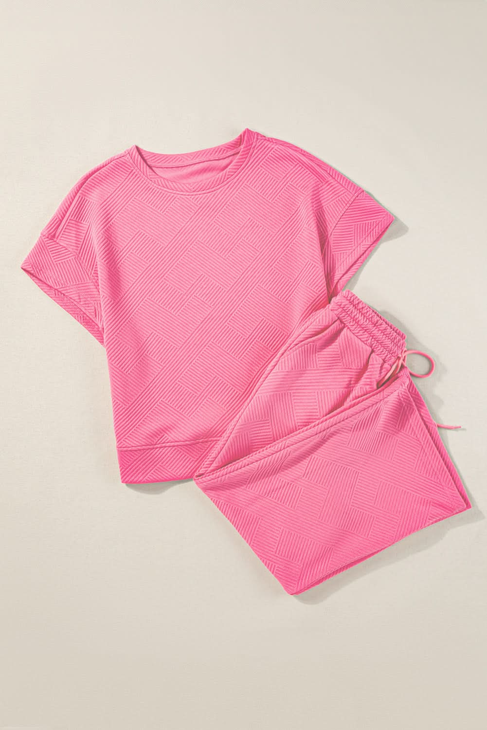 Strawberry Pink Textured Loose Fit T Shirt and Drawstring Pants Set - Love Salve